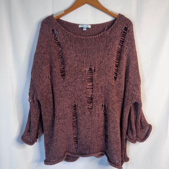 She & Sky Mauve Pink Oversized Destructed Distressed Knit Boho Sweater One Size - Picture 8 of 8